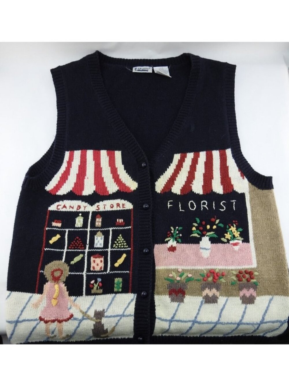 Vintage Sweater Vest Sz Lg Candy Store Florist Scene Button Front Cottage Core - Picture 2 of 7